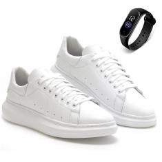 Imagem de Kit Tênis Basico Casual em Couro Masculino com Recortes Cadarço e Relógio-Masculino