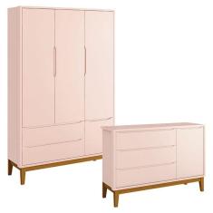 Imagem de Cômoda Infantil E Guarda Roupa 3 Portas New Classic Rosa Com Pés Madeira - Reller