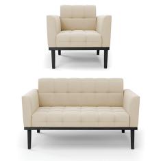 Imagem de Sofá Namoradeira E Poltrona Base De Madeira Preto Elisa Suede D03 - D'rossi Cor Bege