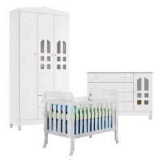 Imagem de Quarto de Bebê New Selena 3 Portas com Berço Lila e Cômoda Gran Selena Branco Brilho – Carolina Móveis