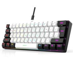 Imagem de 60% mini teclado para jogos com fio, teclado fofo de 61 teclas, teclado RGB iluminado, 25 teclas, sensação mecânica anti-fantasma, portátil, ultra compacto, 61 teclas, preto e branco para computador