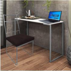 Imagem de Kit Escritório Stark Cadeira e Mesa Industrial Ferro Cinza Tampo MDF Branco Suede Marrom - Ahz Móveis