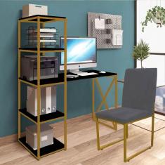 Imagem de Kit Escritório Mesa Max BeX 5 Prateleiras e Cadeira Stan Dourado Tampo Preto Suede Cinza - Ahz Móveis