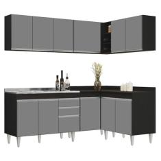Imagem de Armário de Cozinha Modulado de Canto 6 Peças CP30 com Pia Inox Preto/Cinza - Lumil