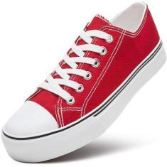 Imagem de ZGR Tênis feminino de lona de cano baixo, tênis de lona com cadarço, tênis branco casual, Vermelho, 35