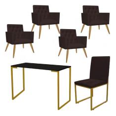 Imagem de Kit Escritório Stan 4 Poltronas Capitonê com Cadeira e Mesa Industrial Preto Dourado Suede Marrom - Ahz Móveis