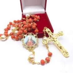 Imagem de Terço Sagrado Coração De Jesus Cristal Laranja Medalha Strass