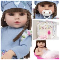 Imagem de Boneca Reborn Linda Vestido Azul 13 Itens Pode Dar Banho - Cegonha Reb