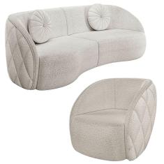 Imagem de Sofá Decorativo 3 Lugares 288cm Com Almofadas E Poltrona Zion M22 Bouclê Branco - Mpozenato