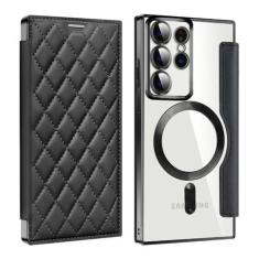 Imagem de Porta-cartões de couro magnético para Samsung Galaxy S23FE S24 S22 Ultra Plus Porta-cartões de carga sem fio Capa dura à prova de choque, preta, para Galaxy S22