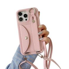 Imagem de Capa de telefone crossbody com alça de pulso para iPhone 13 12 Mini 15 14 11 Pro XS Max XR 7 8 Plus Porta-cartões Capa de couro com cordão, rosa, para iPhone 15 Pro