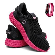 Imagem de Tênis Feminino de Academia e Corrida Leve e Confortável + Relógio - Preto/Rosa - 34