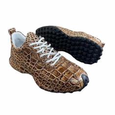 Imagem de Authentic Exotic Crocodile Skin pintado à mão marrom tênis masculino chique couro jacaré genuíno masculino cadarço moderno sapatilha, Marrom, 39