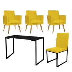 Imagem de Kit Escritório Stan 3 Poltronas Rodapé com Cadeira e Mesa Industrial Tampo Preto Suede Amarelo - Ahz Móveis