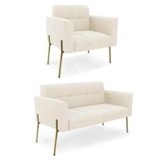 Imagem de Sofá Namoradeira e Poltrona Base Pé de Ferro Dourado Elisa Veludo Bege D03 - D'Rossi