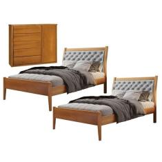 Imagem de Conjunto Quarto de Solteiro 2 Camas e Cômoda 5 Gavetas 1 Porta com Sapateira Amêndoa Mel/Cinza Claro