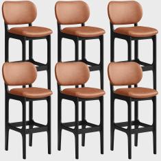 Imagem de Kit 06 Banquetas Alta Para Cozinha Madeira Fixa Betta L02 Preto Couríssimo Camel - Lyam Decor