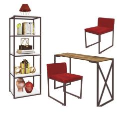 Imagem de Kit Escritório Bex 2 Cadeiras Corino Vermelho com 1 Mesa e 1 Livreiro Ferro Marrom MDF Imbuia - Ahazzo Móveis