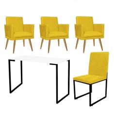 Imagem de Kit Escritório Stan 3 Poltronas Rodapé com Cadeira e Mesa Industrial Branco Preto Tecido Sintético Amarelo - Ahz Móveis