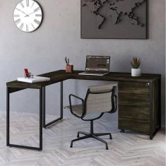 Imagem de Mesa de Escritório em L Estilo Industrial 150x150cm com Gaveteiro Volante 4 Gavetas Carvalho Dark