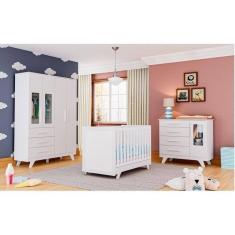 Imagem de Quarto de Bebê Completo com Berço Cômoda e Guarda Roupa com Janela em Acrílico 100% MDF Jolie retrô Branco/Brilho
