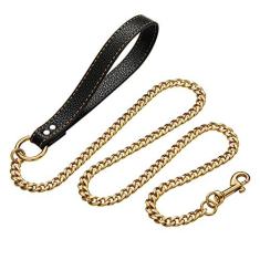 Imagem de Coleira de corrente de ouro de aço inoxidável forte, com alça de couro, 12 mm de largura 18 K banhado a ouro NK Chain Leash, coleira de metal para cães pequenos, médios e grandes