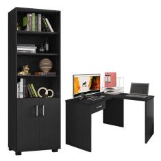 Imagem de Mesa para Computador Gávea com Gaveta e Extensora e Livreiro Office com Portas Pequenas Preto Trama - Móveis Leão