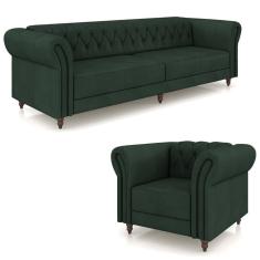 Imagem de Conjunto 1 Sofá Living 260cm E 1 Poltrona Stanford Chesterfield Pés Madeira Couro Verde G58 Gran Belo