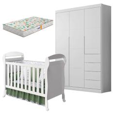 Imagem de Berço Americano Danny e Guarda Roupa Infantil Eloá Branco Acetinado com Colchão Gazin – Phoenix Baby