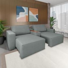 Imagem de Sofá Decorativo Automatizado Shogun 232cm Reclinável 6 Posições Retrátil c/Console Central Entrada USB Bluetooth Linho Cinza G33 - Gran Belo