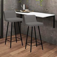 Imagem de Kit Mesa Suspensa de Parede Fixa MDF Branco + 2 Banquetas Lexi Ferro Preto Corino Cinza - Ahazzo Móveis