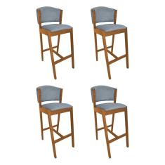 Imagem de Kit 4 Banquetas Alta de Madeira Maciça Cerejeira Premium Ana com Encosto Linho Cinza
