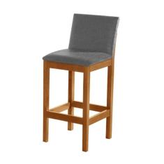 Imagem de Banqueta Alta Pérola com Encosto Estofado Linho Cinza Madeira Maciça Castanho