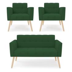 Imagem de Kit 1 Sofá Namoradeira E 2 Poltronas Elisa Veludo Verde Pés Palito Natural - D`rossi