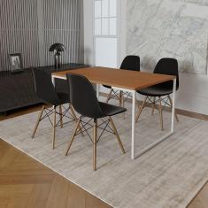 Imagem de Mesa Industrial Base Ferro Branco Tampo 137X90 Canela 4 Cadeiras Madeira Assento Preto Marrom