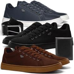 Imagem de Kit 3 Pares Tênis Casual Masculino SB Lona MonaDonna Solado Caixa Alta + Cinto e Carteira-Masculino
