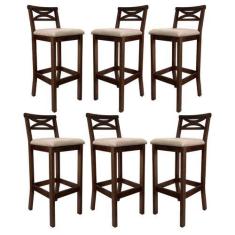 Imagem de Kit 6 Banquetas Alta Estofada para Bancada Madri Madeira Capuccino Sue