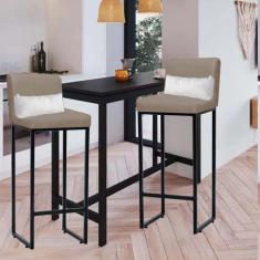 Imagem de Kit 02 Banqueta Alta com Encosto Lucca Industrial Cozinha Balcão Ferro Preto Sintético Bege e Almofada Branco - Ahazzo Móveis
