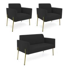 Imagem de Sofá Namoradeira 2 Poltronas Pé De Ferro Dourado Marisa Veludo Preto D03