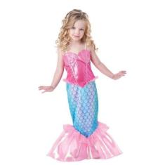 Imagem de Vestido Fantasia Infantil de Sereia Princesa Ariel Luxo Rosa e Azul - 