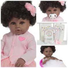 Imagem de Boneca Reborn Negra Recém Nascida Fofinha + Kit Acessórios - Cegonha R