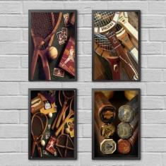 Imagem de Kit 4 Quadros Esporte Tênis Vintage 33X24Cm Preta