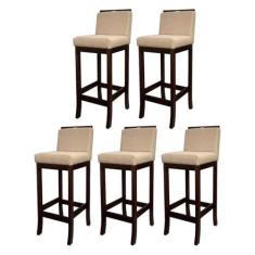 Imagem de Kit 5 Banquetas Média com Encosto Turim Madeira Capuccino Linho Bege CCS