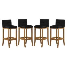 Imagem de Kit 4 Banquetas Alta Encosto Estofado 38x100 Cm Ilha Espanha Madeira Maciça Amêndoa Suede Preto CCS