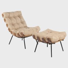 Imagem de Poltrona e Puff Decorativos Sala de Estar Costela Couro Bege - Gran Belo