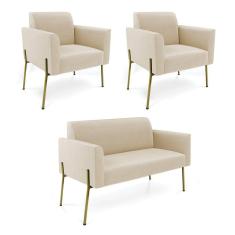 Imagem de Sofá Namoradeira e 2 Poltronas Pé de Ferro Dourado Marisa Suede Bege D03 - D`Rossi