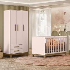 Imagem de Quarto de Bebê Qencanto Slim com Roupeiro 4340 e Berço Mini Cama 4315 Qmovi Rosa Acetinado