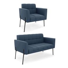 Imagem de Sofá Namoradeira E Poltrona Pé De Ferro Preto Para Sala Elisa Suede D03 - D'rossi Cor Azul Marinho