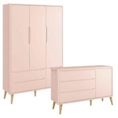 Imagem de Guarda Roupa Infantil 3 Portas E Cômoda Theo 1 Porta Rosa Com Pés Madeira Natural - Reller