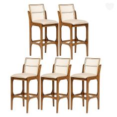 Imagem de Kit 5 Banquetas Alta para Balcão Lisboa Encosto Rattan Madeira Imbuia Linho Bege M58